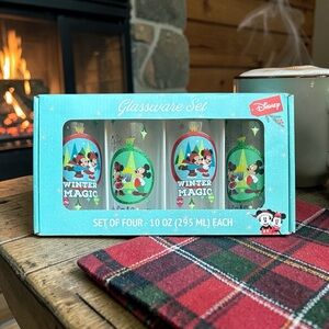 Disney Character Holiday Glassware Set in Teal, Red, Green Holiday Design